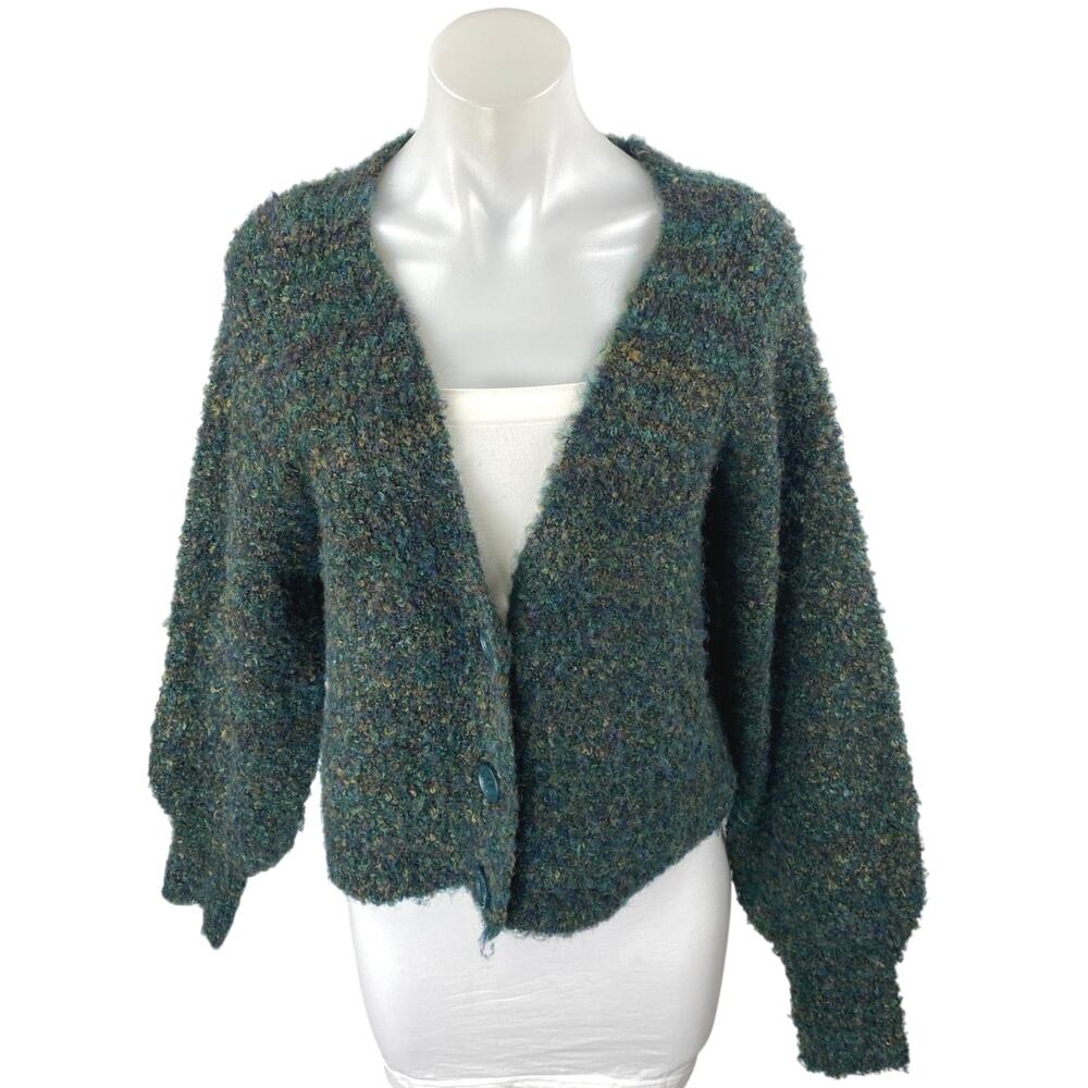 Molly Bracken Green Striped Fuzzy Fleece Button Down Cardigan Sweater Top Sz XS